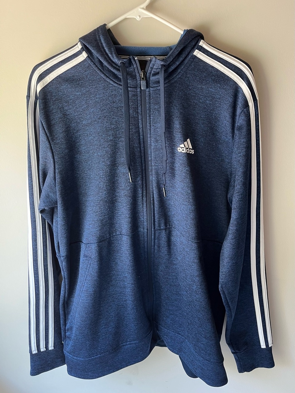 adidas Navy Blue Full-Zip Hooded Sweater with White Stripes